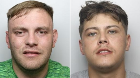 Two custody photos side by side against a plain light background. The man on the left wears a green patterned shirt and has short light brown hair. He has a scar on his right cheek. The man on the right wears a grey shirt and has slightly longer, darker hair. Both face forward with neutral expressions.