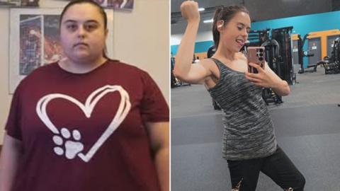 A before and after picture of Jasmin. In the first image she is wearing a red top with a heart symbol on it. In the second she is in a gym holding her phone up to take a selfie.