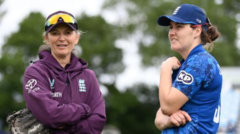 Charlotte Edwards (left) and Nat Sciver-Brunt (right) during an England training session
