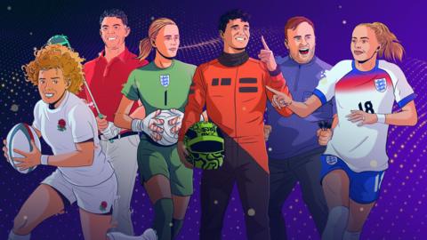 Illustration graphic of the 2025 Sports Personality of the Year contenders (from right to left): Ellie Kildunne, Rory McIlroy, Hannah Hampton, Lando Norris, Luke Littler and Chloe Kelly