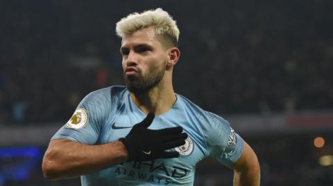 Sergio Aguero celebrates during Manchester City v Liverpool in January 2019