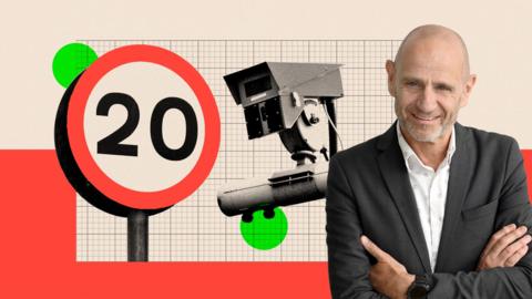 A treated image of Evan Davis and a 20 road sign