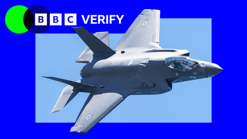 An Israeli F-35 jet imposed over the BBC Verify branding.