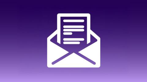 A graphic of a white envelope with a letter half inside. On a purple background.