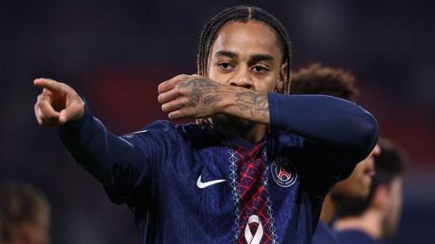 Bradley Barcola celebrates a goal for Paris St-Germain