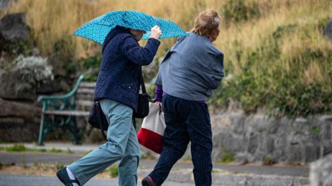 Umbrellas are out as two people are walking along a path. They are both wearing jackets and there is a bench pictured in front of them.