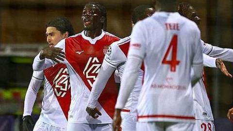 Monaco players celebrate their goal v Bodo