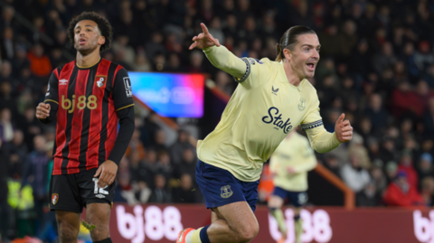 Jack Grealish celebrates scoring the winner for Everton at Bournemouth