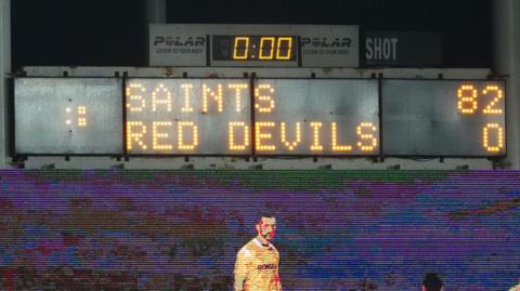 The scoreboard during Salford's 82-0 defeat by St Helens