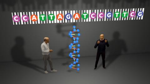 A graphic in which two versions of Pallab Ghosh, one dressed in white, the other in black, stand beside an animated DNA molecule