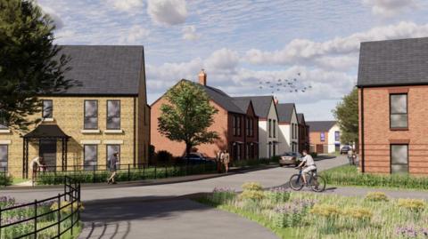 A computer-generated image of homes. Some are orange brick, others are white and one of the left is sandstone. All have slate roofs. A road runs between them with grass and flowers to the side. A man on a bike is visible as are people walking on the pavement.