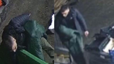 Side-by-side images of a man carrying a green sleeping bag. In the left-hand picture, he is photographed from directly above his head. In the right-hand picture he appears to be walking in he direction of the camera. He has dark hair and is wearing a navy-coloured jacket.