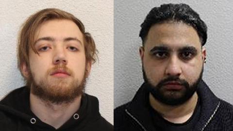 A composite image of Charlie Johnson and Prince Singh's custody images. Charlie Johnson has brushed-back ginger hair and unkempt ginger facial hair. Prince Singh has black hair and facial hair.