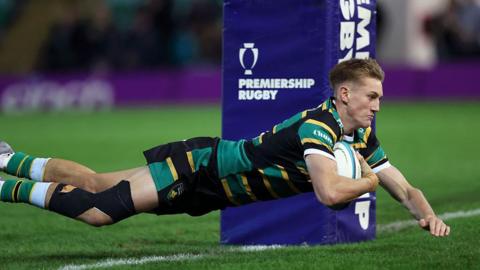 James Pater of Northampton Saints scores his team's fourth try during the Prem Rugby Cup match against Harlequins