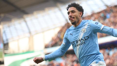 Omar Marmoush celebrates scoring for Manchester City against Wolves