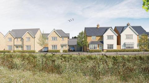 An artist's impression of a housing estate. It includes a row of detached and semi-detached houses, with a road in front of them and in front of that, a field of wildflowers and plants.
