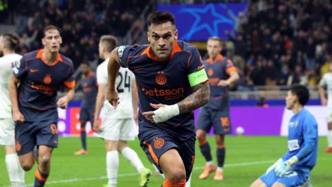 Lautaro Martínez celebrates scoring for Inter Milan