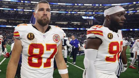 Travis Kelce of the Kansas City Chiefs after losing at the Dallas Cowboys in the NFL on Thanksgiving
