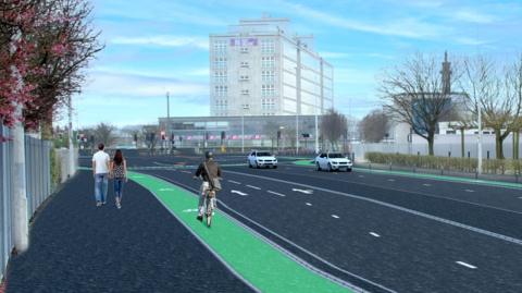 An artist's impression of how the new off-road cycle scheme could look on Freetown Way. There is a dual carriageway with cycle lanes on either side and pavements.