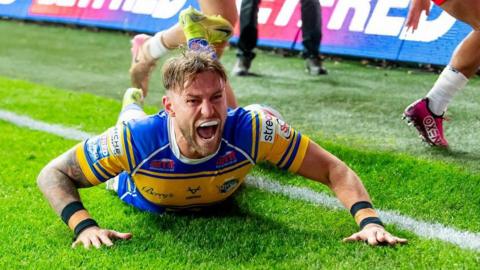 Chris Hankinson celebrates scoring a try for Leeds Rhinos in their Super League play-off eliminator against St Helens at Headingley in September