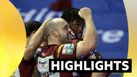 Wigan Warriors' Jake Wardle celebrates scoring a try