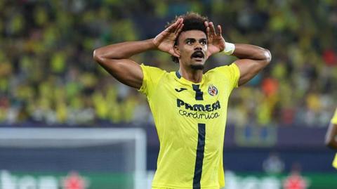 Renato Veiga celebrates scoring for Villarreal against Juventus in the Champions League.