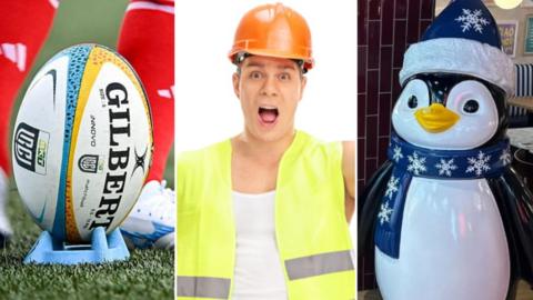 Image shows a rugby ball, a man in a high viz yellow jacket and orange hard hat and a model of a penguin in a blue Christmas hat and scarf