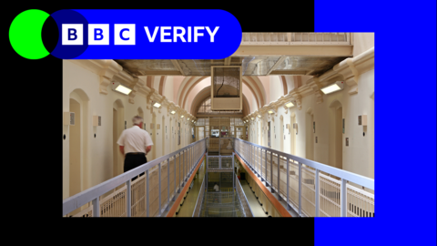 A prison guard is seen from behind walking along a balcony in a prison block. The BBC Verify logo is in the top left hand corner of the image.
