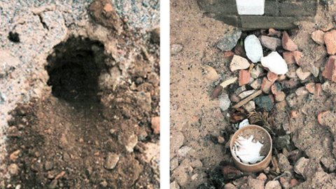 A composite of two photos showing rubble and dug up groundwork on a driveway