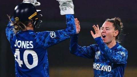 Linsey Smith of England celebrates taking an Australia wicket with team-mate Amy Jones