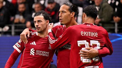 Liverpool players celebrate after Virgil van Dijk's goal against Eintracht Frankfurt