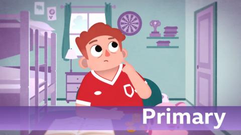 Cartoon image of a boy in a red football shirt looking thoughtful - sat in a bedroom. On a table is a notebook and some coins. Text reads, 'Primary'.