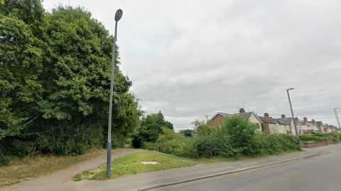 A path behind a set of houses on a road with a lamp post at the front of the image