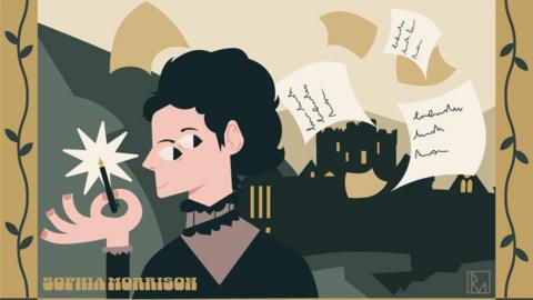 Digital artwork depicts Sophia Morrison, a woman with dark hair. She holds a pen and wears a black top. Peel Castle can be seen in the background as well as papers with writing on them flying through the air.