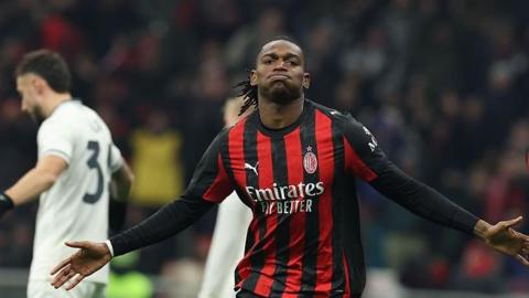 Rafael Leao celebrates scoring his fifth Serie A goal of the season against Lazio.