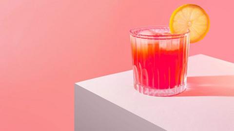 A pink cocktail in a tumbler with a slice of lemon.