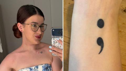 On the left, Harriet is standing indoors, taking a mirror selfie with a smartphone, wearing a strapless white dress with blue floral patterns. On the right is an arm with a semi colon tattoo.