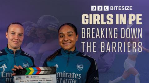 Beth Mead and Olivia Smith on a purple gradient background, beside text reading: 'Girls in PE: Breaking Down the Barriers'.