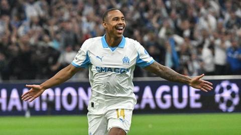 Igor Paixao celebrates scoring for Marseille against Ajax