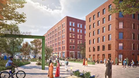 An artist's impression of the Smithgate redevelopment shows two large accommodation blocks around Market Square.