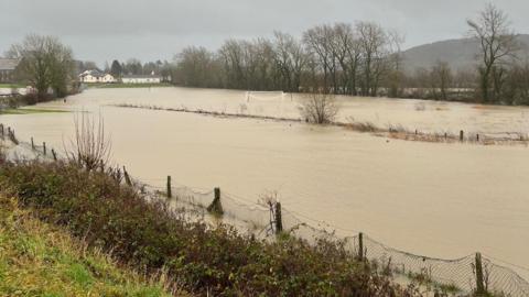 Caeau dan ddŵr yn Abergwili ger Caerfyrddin ddydd Llun