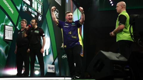 Luke Littler celebrates beating Michael van Gerwen to win the world title in January 2025