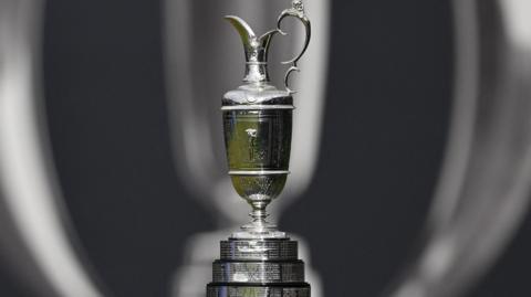 The Open 2025 trophy sits placed on a stand ahead of the start of the tournament.