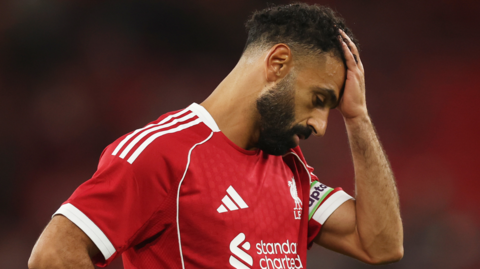 Mohamed Salah reacts during Liverpool's pre-season friendly with Athletic Club in 2025