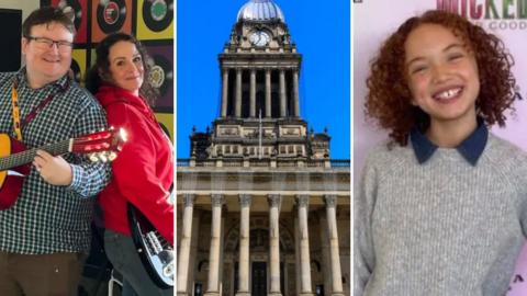 A three-panel collage. The left panel shows two people standing indoors against a wall decorated with colourful vinyl records, each holding a guitar. The centre panel features a grand historic building with tall columns and a clock tower topped by a dome. The right panel a girl standing in front of a backdrop with partial text visible, wearing a grey sweater layered over a collared shirt.