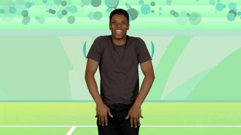 Presenter Rhys Stephenson with a backdrop of a sports pitch with green circular shapes.