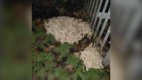 A large pile of raw sausages dumped near a metal fence and a brick wall. The picture has been taken at night.
