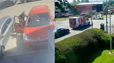 A composite image - on the left a man pulls a woman out of a red car, on the right the car has crashed into bushes in front of a Tesco van