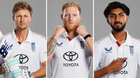 A split graphic of Joe Root, Ben Stokes and Shoaib Bashir