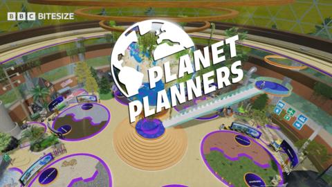 Text logo saying 'Planet Planners' over Roblox games background
